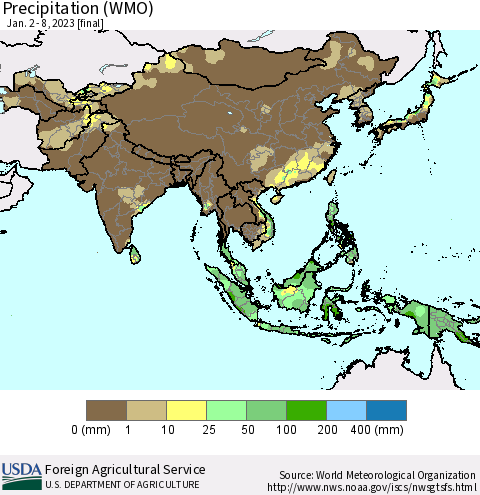 Asia Precipitation (WMO) Thematic Map For 1/2/2023 - 1/8/2023