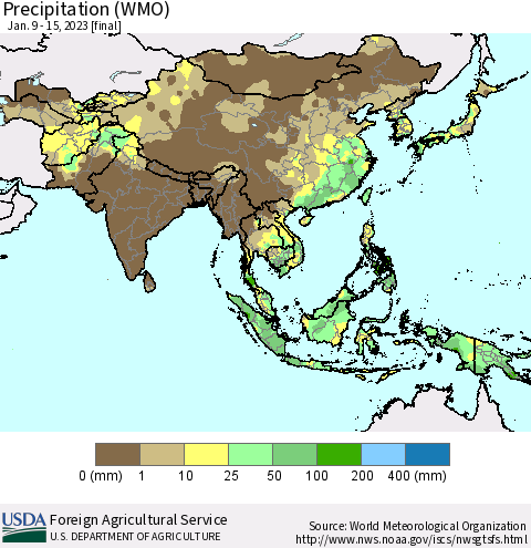 Asia Precipitation (WMO) Thematic Map For 1/9/2023 - 1/15/2023
