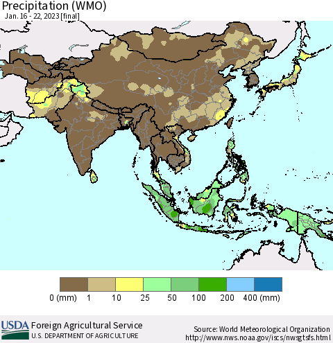 Asia Precipitation (WMO) Thematic Map For 1/16/2023 - 1/22/2023