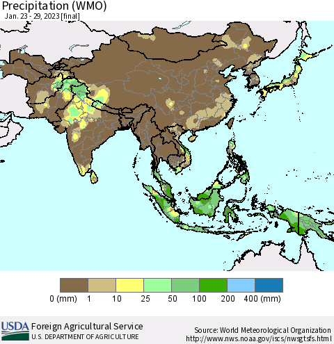Asia Precipitation (WMO) Thematic Map For 1/23/2023 - 1/29/2023