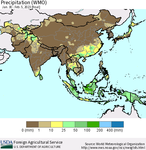 Asia Precipitation (WMO) Thematic Map For 1/30/2023 - 2/5/2023