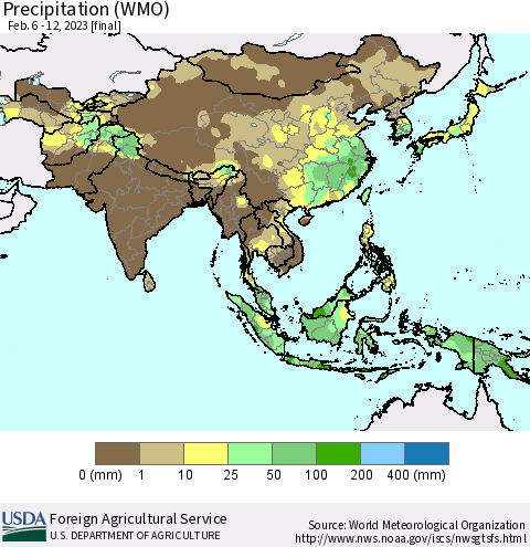 Asia Precipitation (WMO) Thematic Map For 2/6/2023 - 2/12/2023