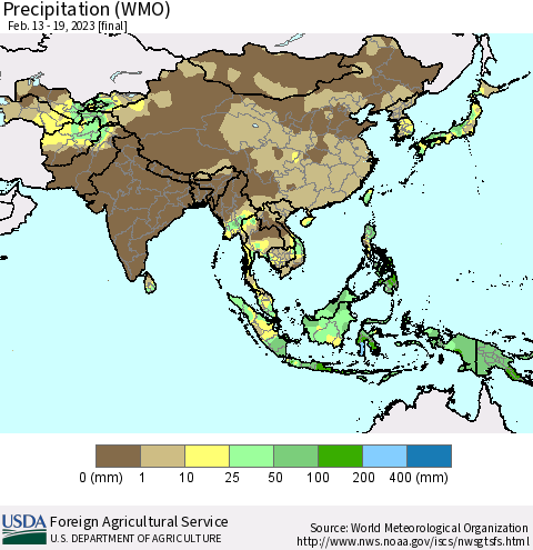 Asia Precipitation (WMO) Thematic Map For 2/13/2023 - 2/19/2023