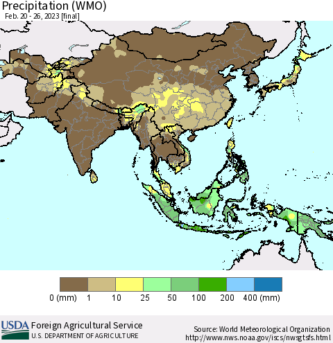 Asia Precipitation (WMO) Thematic Map For 2/20/2023 - 2/26/2023