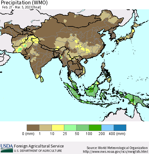 Asia Precipitation (WMO) Thematic Map For 2/27/2023 - 3/5/2023