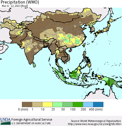 Asia Precipitation (WMO) Thematic Map For 3/6/2023 - 3/12/2023