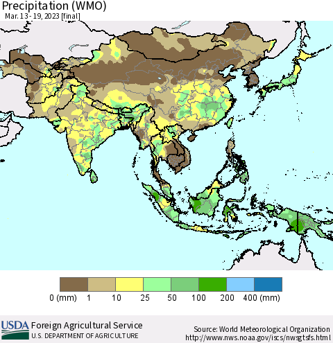 Asia Precipitation (WMO) Thematic Map For 3/13/2023 - 3/19/2023