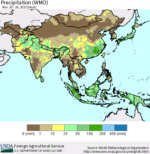 Asia Precipitation (WMO) Thematic Map For 3/20/2023 - 3/26/2023