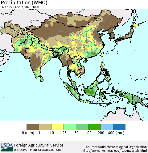 Asia Precipitation (WMO) Thematic Map For 3/27/2023 - 4/2/2023