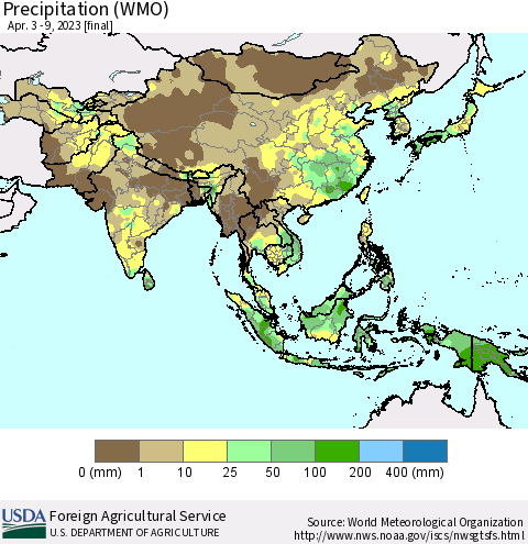 Asia Precipitation (WMO) Thematic Map For 4/3/2023 - 4/9/2023