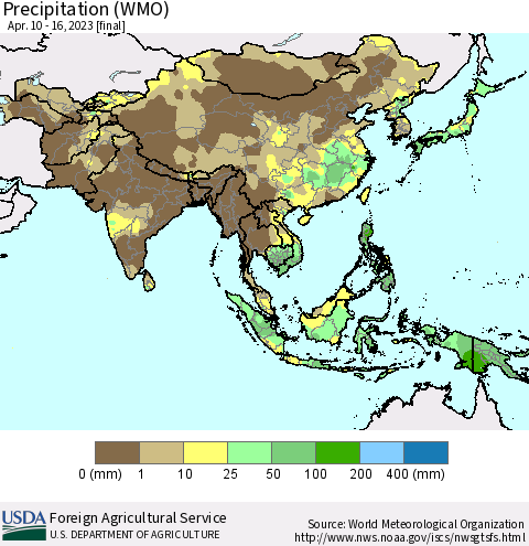 Asia Precipitation (WMO) Thematic Map For 4/10/2023 - 4/16/2023