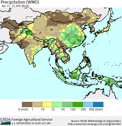Asia Precipitation (WMO) Thematic Map For 4/17/2023 - 4/23/2023
