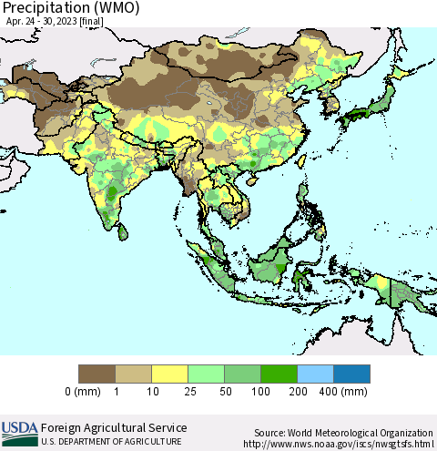 Asia Precipitation (WMO) Thematic Map For 4/24/2023 - 4/30/2023