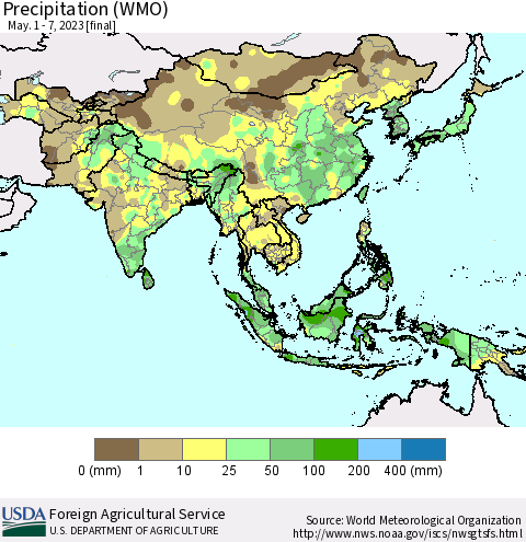 Asia Precipitation (WMO) Thematic Map For 5/1/2023 - 5/7/2023