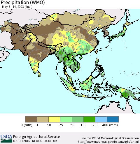 Asia Precipitation (WMO) Thematic Map For 5/8/2023 - 5/14/2023