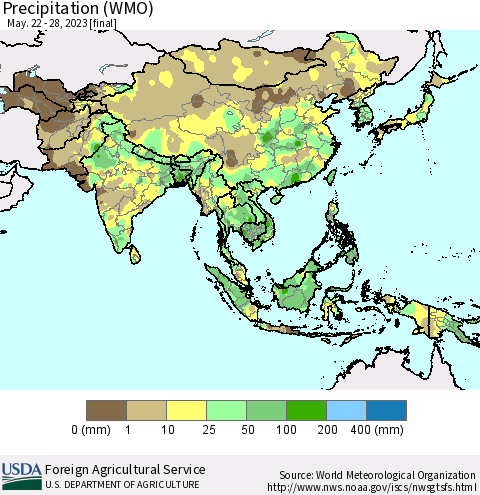 Asia Precipitation (WMO) Thematic Map For 5/22/2023 - 5/28/2023