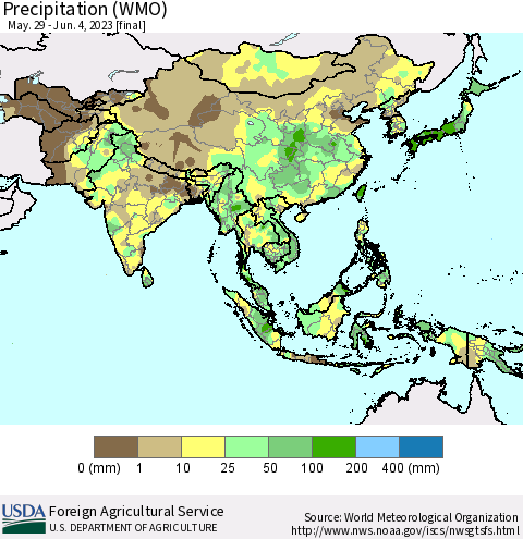 Asia Precipitation (WMO) Thematic Map For 5/29/2023 - 6/4/2023