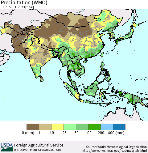 Asia Precipitation (WMO) Thematic Map For 6/5/2023 - 6/11/2023