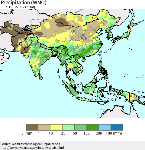Asia Precipitation (WMO) Thematic Map For 6/19/2023 - 6/25/2023