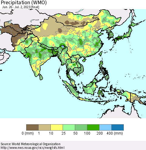 Asia Precipitation (WMO) Thematic Map For 6/26/2023 - 7/2/2023