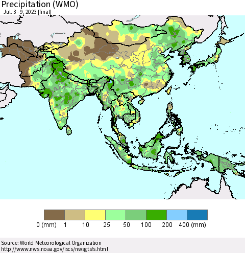 Asia Precipitation (WMO) Thematic Map For 7/3/2023 - 7/9/2023