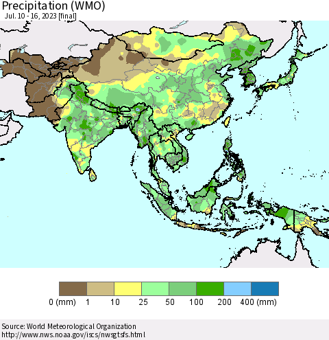 Asia Precipitation (WMO) Thematic Map For 7/10/2023 - 7/16/2023