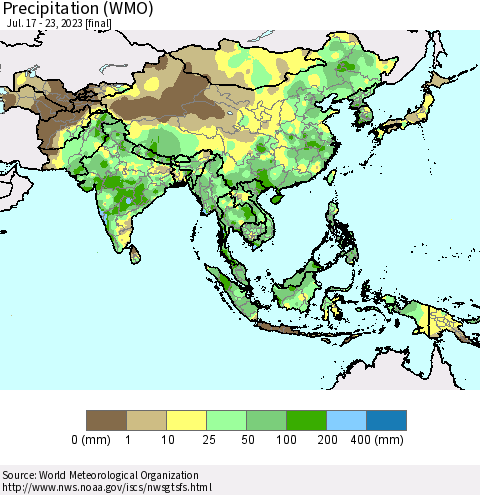 Asia Precipitation (WMO) Thematic Map For 7/17/2023 - 7/23/2023