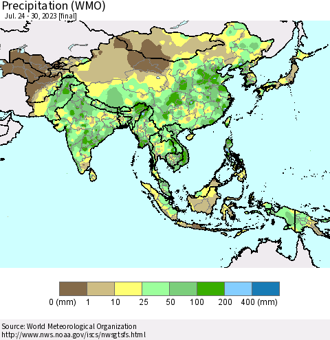 Asia Precipitation (WMO) Thematic Map For 7/24/2023 - 7/30/2023