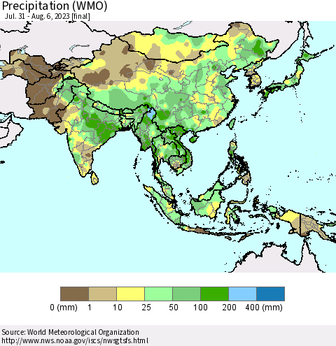Asia Precipitation (WMO) Thematic Map For 7/31/2023 - 8/6/2023