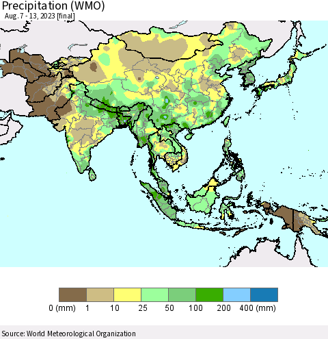 Asia Precipitation (WMO) Thematic Map For 8/7/2023 - 8/13/2023