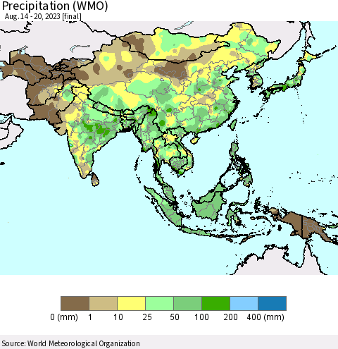 Asia Precipitation (WMO) Thematic Map For 8/14/2023 - 8/20/2023