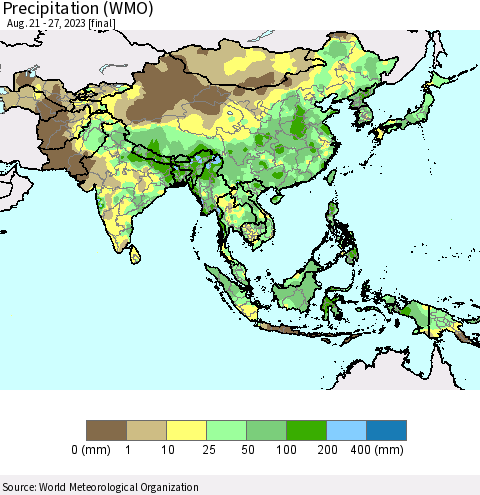 Asia Precipitation (WMO) Thematic Map For 8/21/2023 - 8/27/2023