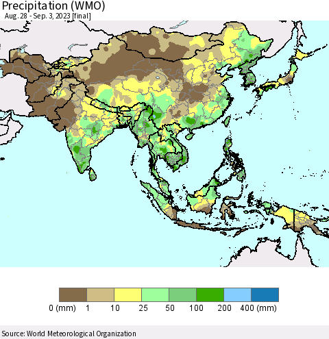 Asia Precipitation (WMO) Thematic Map For 8/28/2023 - 9/3/2023