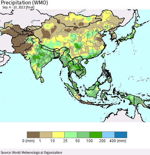 Asia Precipitation (WMO) Thematic Map For 9/4/2023 - 9/10/2023