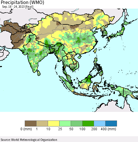 Asia Precipitation (WMO) Thematic Map For 9/18/2023 - 9/24/2023