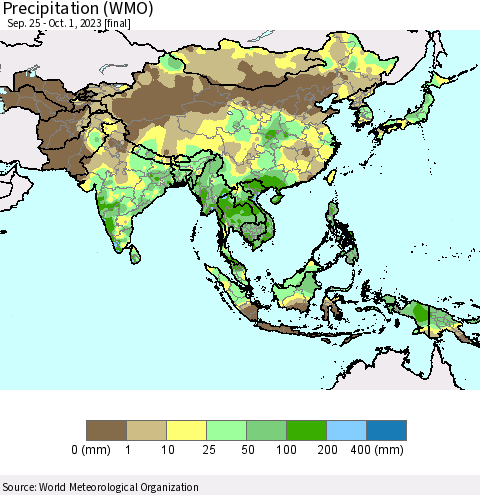 Asia Precipitation (WMO) Thematic Map For 9/25/2023 - 10/1/2023