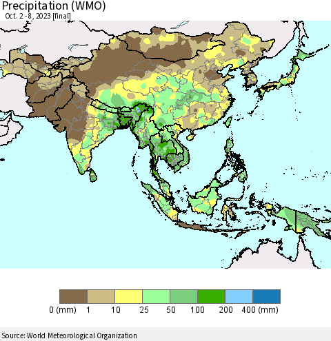 Asia Precipitation (WMO) Thematic Map For 10/2/2023 - 10/8/2023