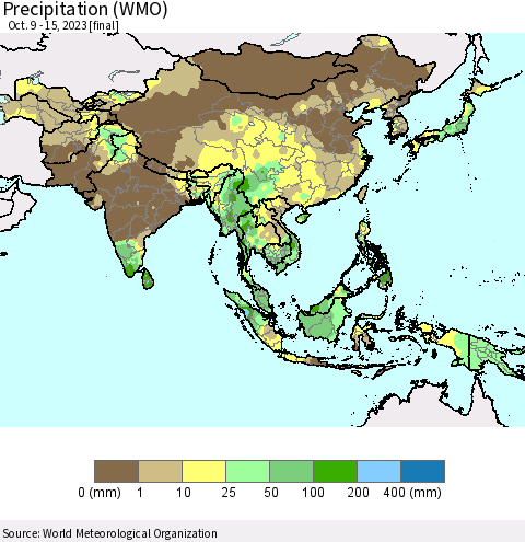 Asia Precipitation (WMO) Thematic Map For 10/9/2023 - 10/15/2023