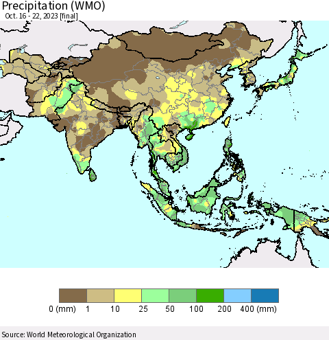Asia Precipitation (WMO) Thematic Map For 10/16/2023 - 10/22/2023