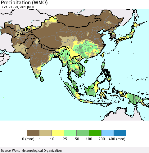 Asia Precipitation (WMO) Thematic Map For 10/23/2023 - 10/29/2023