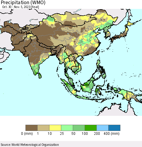 Asia Precipitation (WMO) Thematic Map For 10/30/2023 - 11/5/2023