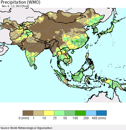 Asia Precipitation (WMO) Thematic Map For 11/6/2023 - 11/12/2023
