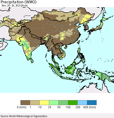 Asia Precipitation (WMO) Thematic Map For 11/20/2023 - 11/26/2023