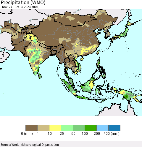 Asia Precipitation (WMO) Thematic Map For 11/27/2023 - 12/3/2023