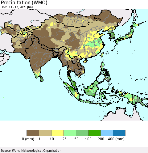 Asia Precipitation (WMO) Thematic Map For 12/11/2023 - 12/17/2023