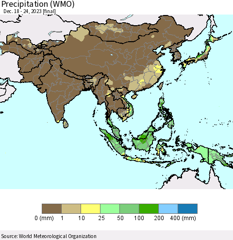 Asia Precipitation (WMO) Thematic Map For 12/18/2023 - 12/24/2023