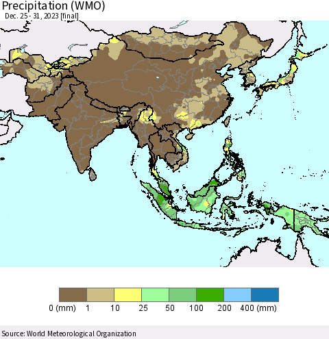 Asia Precipitation (WMO) Thematic Map For 12/25/2023 - 12/31/2023