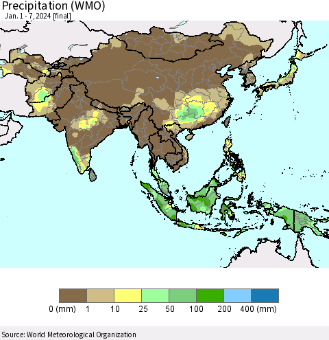 Asia Precipitation (WMO) Thematic Map For 1/1/2024 - 1/7/2024