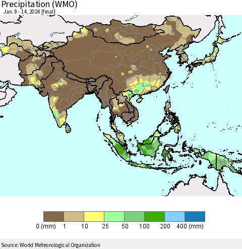 Asia Precipitation (WMO) Thematic Map For 1/8/2024 - 1/14/2024