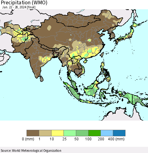 Asia Precipitation (WMO) Thematic Map For 1/22/2024 - 1/28/2024
